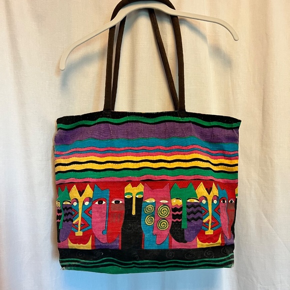 Laurel Burch multicolored Cats & Stripe Canvas Shoulder Tote Bag - Picture 6 of 10